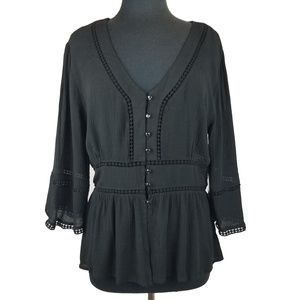 Black Blouse Top Long Sleeve Crinkle